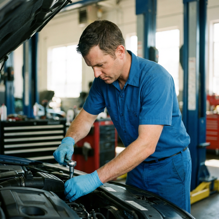 Leistungen Mechaniker arbeitet an einem Auto unter der Haube in einer Werkstatt.
